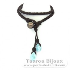 Leather Bracelet, 2 Larimar and 1 Tahitian Pearl Round C 9.7 mm