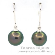 18K solid Gold Earrings and 2 Tahitian Pearls Round B 9.3 mm