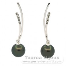 Rhodiated Sterling Silver Earrings and 2 Tahitian Pearls Round BC 8.7 mm