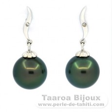 18K Solid Gold Earrings + 2 diamonds and 2 Tahitian Pearls Round A & AB 10.2 mm