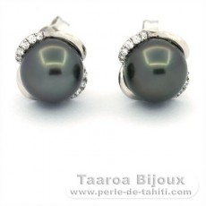 Rhodiated Sterling Silver Earrings and 2 Tahitian Pearls Round C 8.6 mm