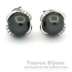 Rhodiated Sterling Silver Earrings and 2 Tahitian Pearls Round C 8.1 mm