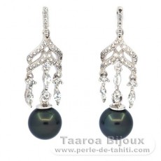 Rhodiated Sterling Silver Earrings and 2 Tahitian Pearls Round C 9.4 mm