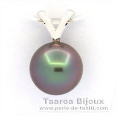 18K Solid White Gold Pendant and 1 Tahitian Pearl Round A 9.6 mm