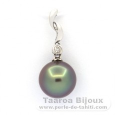 14K solid White Gold Pendant + 1 diamond and 1 Tahitian Pearl Round A 9.2 mm