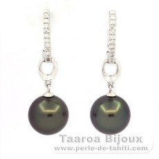Rhodiated Sterling Silver Earrings and 2 Tahitian Pearls Round BC 9.6 mm