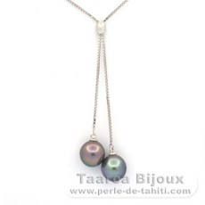 Rhodiated Sterling Silver Necklace and 2 Tahitian Pearls Semi-Baroque B 8.7 mm