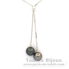 Rhodiated Sterling Silver Necklace and 2 Tahitian Pearls Round C 8.9 mm