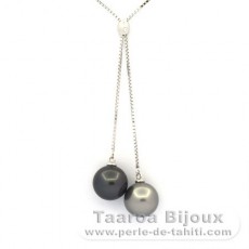 Rhodiated Sterling Silver Necklace and 2 Tahitian Pearls Round C 9.9 mm