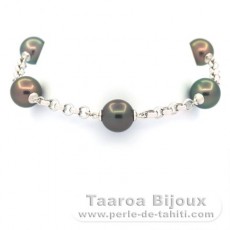 Rhodiated Sterling Silver Bracelet and 5 Tahitian Pearls Round C 9.6 to 9.9 mm