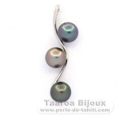 Rhodiated Sterling Silver Pendant and 3 Tahitian Pearls Round C 8.7 to 8.8 mm