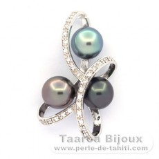 Rhodiated Sterling Silver Pendant and 3 Tahitian Pearls Round C 8.7 mm