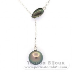 Rhodiated Sterling Silver Necklace and 1 Tahitian Pearl Round B 9.8 mm