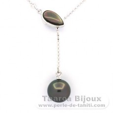 Rhodiated Sterling Silver Necklace and 1 Tahitian Pearl Round B 9.3 mm