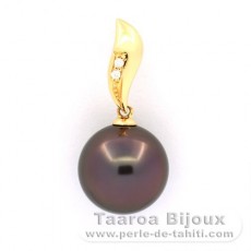 18K solid Gold Pendant + 2 diamonds and 1 Tahitian Pearl Round B 11.8 mm