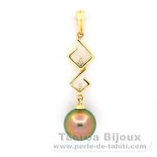 14K solid Gold Pendant + 2 Diamonds and 1 Tahitian Pearl Round B+ 9.2 mm