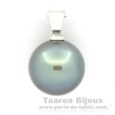 18K Solid White Gold Pendant and 1 Tahitian Pearl Round B 13.6 mm