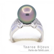 Rhodiated Sterling Silver Ring and 1 Tahitian Pearl Round C+ 11.5 mm