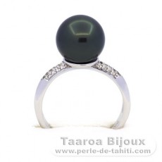 Rhodiated Sterling Silver Ring and 1 Tahitian Pearl Round C 10.5 mm