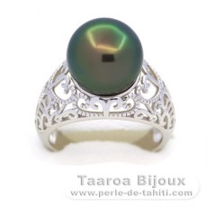 Rhodiated Sterling Silver Ring and 1 Tahitian Pearl Round C+ 11.7 mm