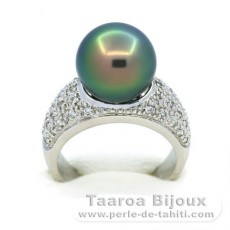 Rhodiated Sterling Silver Ring and 1 Tahitian Pearl Round C+ 11.5 mm