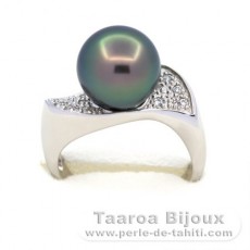 Rhodiated Sterling Silver Ring and 1 Tahitian Pearl Round B 10.1 mm