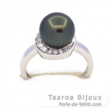 Rhodiated Sterling Silver Ring and 1 Tahitian Pearl Round B 9.5 mm