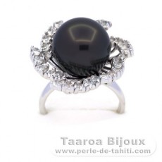 Rhodiated Sterling Silver Ring and 1 Tahitian Pearl Round C 14 mm