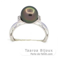 Rhodiated Sterling Silver Ring and 1 Tahitian Pearl Round B 9 mm