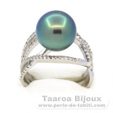 Rhodiated Sterling Silver Ring and 1 Tahitian Pearl Round B/C 11.4 mm