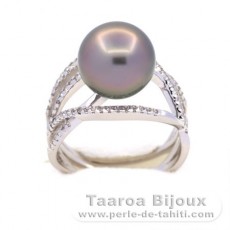 Rhodiated Sterling Silver Ring and 1 Tahitian Pearl Round C 10.9 mm