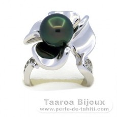 Rhodiated Sterling Silver Ring and 1 Tahitian Pearl Round C 9.5 mm
