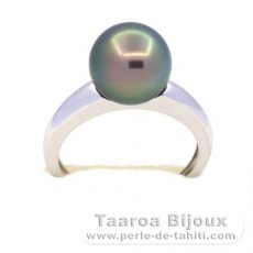 Rhodiated Sterling Silver Ring and 1 Tahitian Pearl Round B 9.5 mm