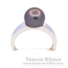 Rhodiated Sterling Silver Ring and 1 Tahitian Pearl Round B 9.3 mm