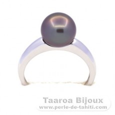 Rhodiated Sterling Silver Ring and 1 Tahitian Pearl Round B 9.3 mm