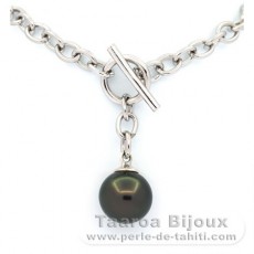 Rhodiated Sterling Silver Bracelet and 1 Tahitian Pearl Round B/C 10.5 mm