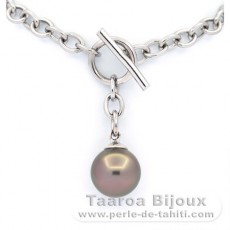 Rhodiated Sterling Silver Bracelet and 1 Tahitian Pearl Round C 10.5 mm