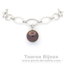 Rhodiated Sterling Silver Bracelet and 1 Tahitian Pearl Round B 10 mm