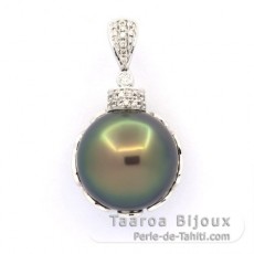 18K Solid White Gold + 35 diamonds and 1 Tahitian Pearl Round BC 15.2 mm