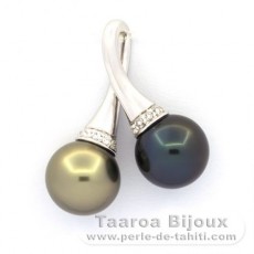 Rhodiated Sterling Silver Pendant and 2 Tahitian Pearls Round C 10.2 mm