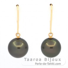 18K solid Gold Earrings and 2 Tahitian Pearls Round B 9.1 mm