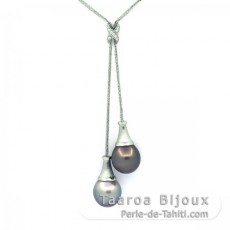 Rhodiated Sterling Silver Necklace and 2 Tahitian Pearls Semi-Baroque C 12.1 mm