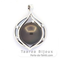 Rhodiated Sterling Silver Pendant and 1 Tahitian Pearl Round C 12.9 mm