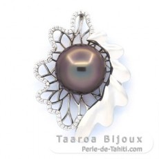 Rhodiated Sterling Silver Pendant and 1 Tahitian Pearl Semi-Baroque C 12.6 mm