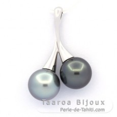 18K Solid White Gold Pendant and 2 Tahitian Pearls Round B 10.5 mm