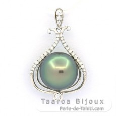 Rhodiated Sterling Silver Pendant and 1 Tahitian Pearl Round C 11.1 mm