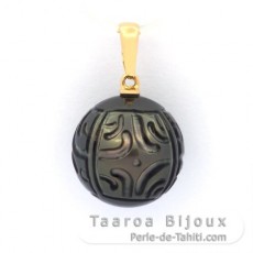 18K solid Gold Pendant and 1 EngravedTahitian Pearl 13.7 mm