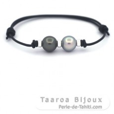 Leather Bracelet and 2 Tahitian Pearls Round C 10.3 mm