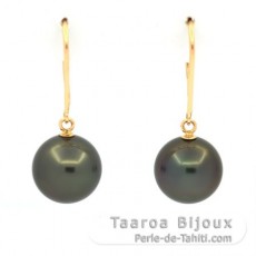 18K solid Gold Earrings and 2 Tahitian Pearls Round B/C 9.2 mm