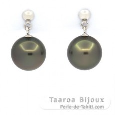 14K White Gold Earrings and 2 Tahitian Pearls Round A & B 9.2 mm